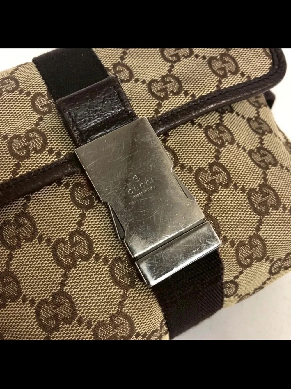 Gucci Beige GG Supreme Canvas Belt Bag with Dark Brown Strap